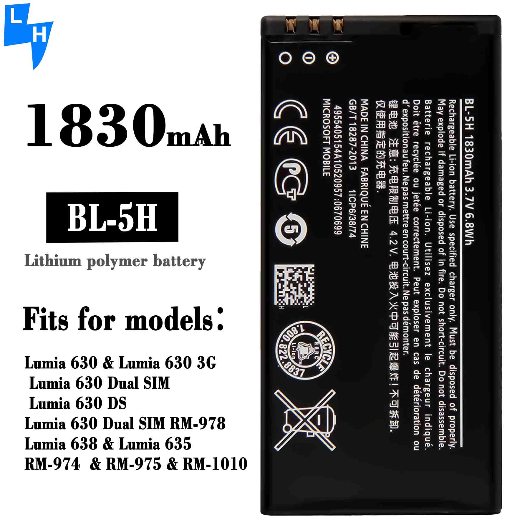 1830mAh Stock Capacity Genuine Original Battery BL-5H For Nokia Lumia 630 635 636 638