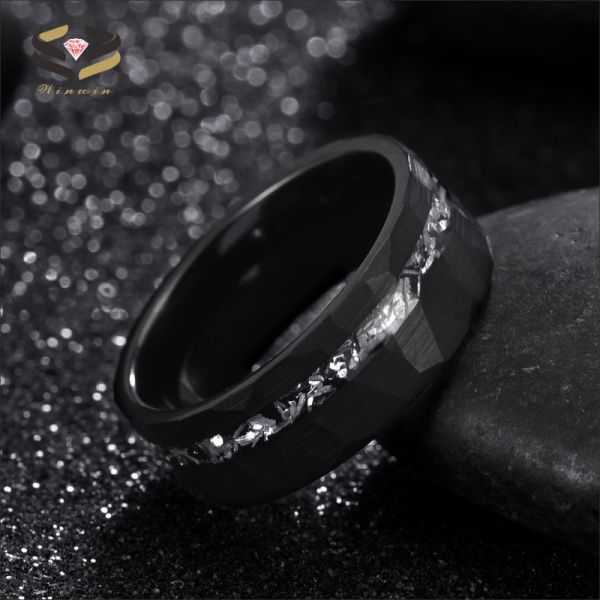 Fashion Jewelry Rings 8mm Silver Black Hammered Brushed Tungsten Ring with Meteorite Shaving Inlay Men's Wedding Band
