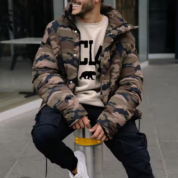 New Product Outdoor Winter Unisex Camouflage Cargo Pocket Puffer Jacket Front Zipper Custom Bomber Jacket for Men