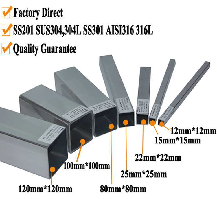 Accurate Size Stainless Steel Square Tube 20mmx20mm 40mmx40mm 50mmx50mm 201 304 316 Grade Welded