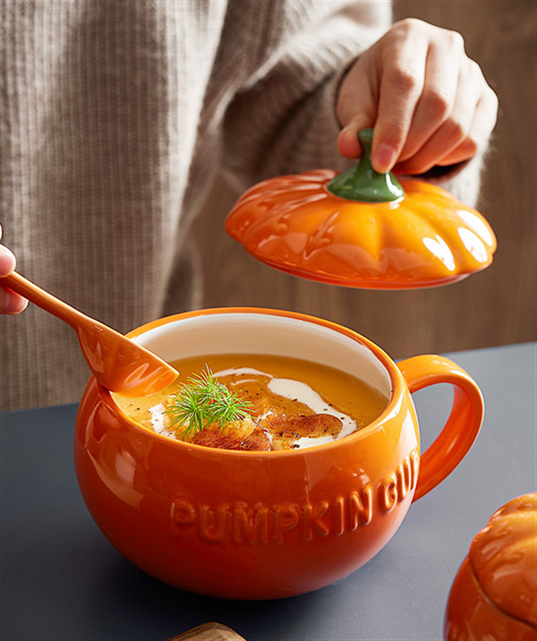 Halloween Christmas Ceramic Pumpkin Soup Bowls Polished With Lid And Spoon