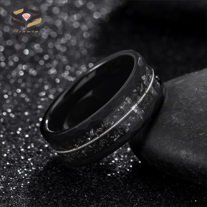 Mens Black Tungsten Meteorite Inlay Wedding Band 8mm With Geometric Diamond Shape And Guitar String Design