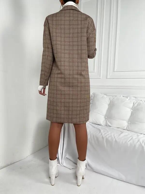 Office Ladies Notched Collar Plaid Coat Women Blazer Double Breasted Trench Winter Jacket 2021 Casual Long Coats for Ladies