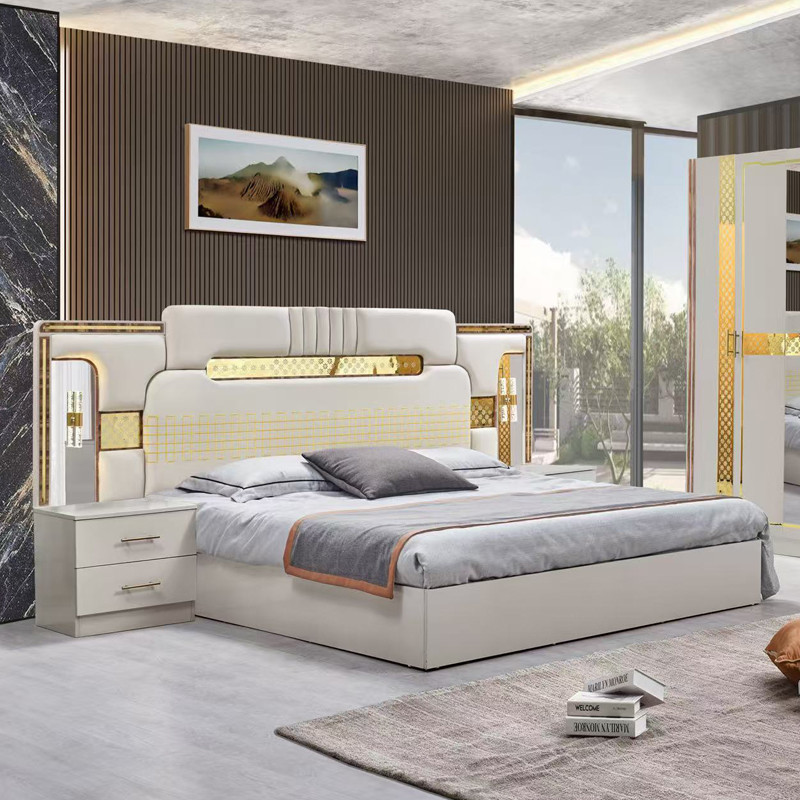 Turkish Luxury Style Wooden Frame King Size Bed Set Led Headboard Modern Classic Full Home Wood Bedroom Sets Furniture