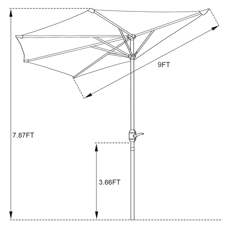Bistro Outdoor Garden Patio Hand Crank Lift Umbrella 9*4.5*7.87 FT Half Round Sun Shade