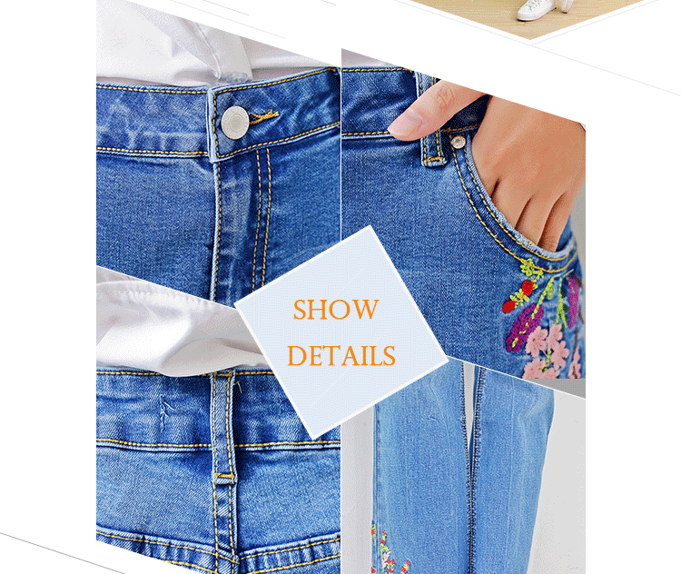 Blue Casual Embroidered Loose Fit Stretch Jeans Middle Versatile Style Bell Bottoms