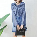 Fashion Ruffle Tie Denim Blouses And Tops , Women's Denim Shirts Long Sleeve