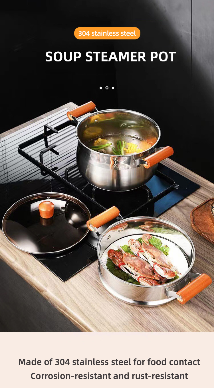 Factory Two Layer Cook Food Steamer Pot 18/8 Stainless Steel Steamer Pot With Wooden Handle