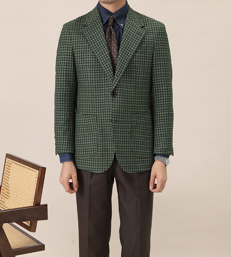 Polyester/Rayon Fabric Men's Suit Retro Single Breasted No Ironing Needed Green Plaid