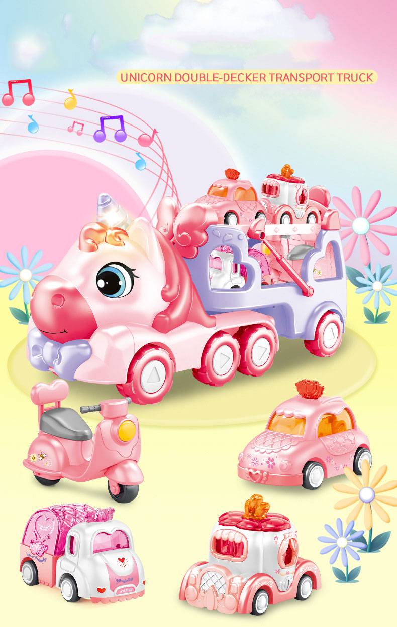 Friction Power Transport Carrier Truck Pull Back Unicorn Car for 18M Kids Boys No Battery