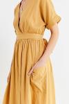 Latest Gold Linen Maxi Long Wrap V-neck Woman Dress with Pockets