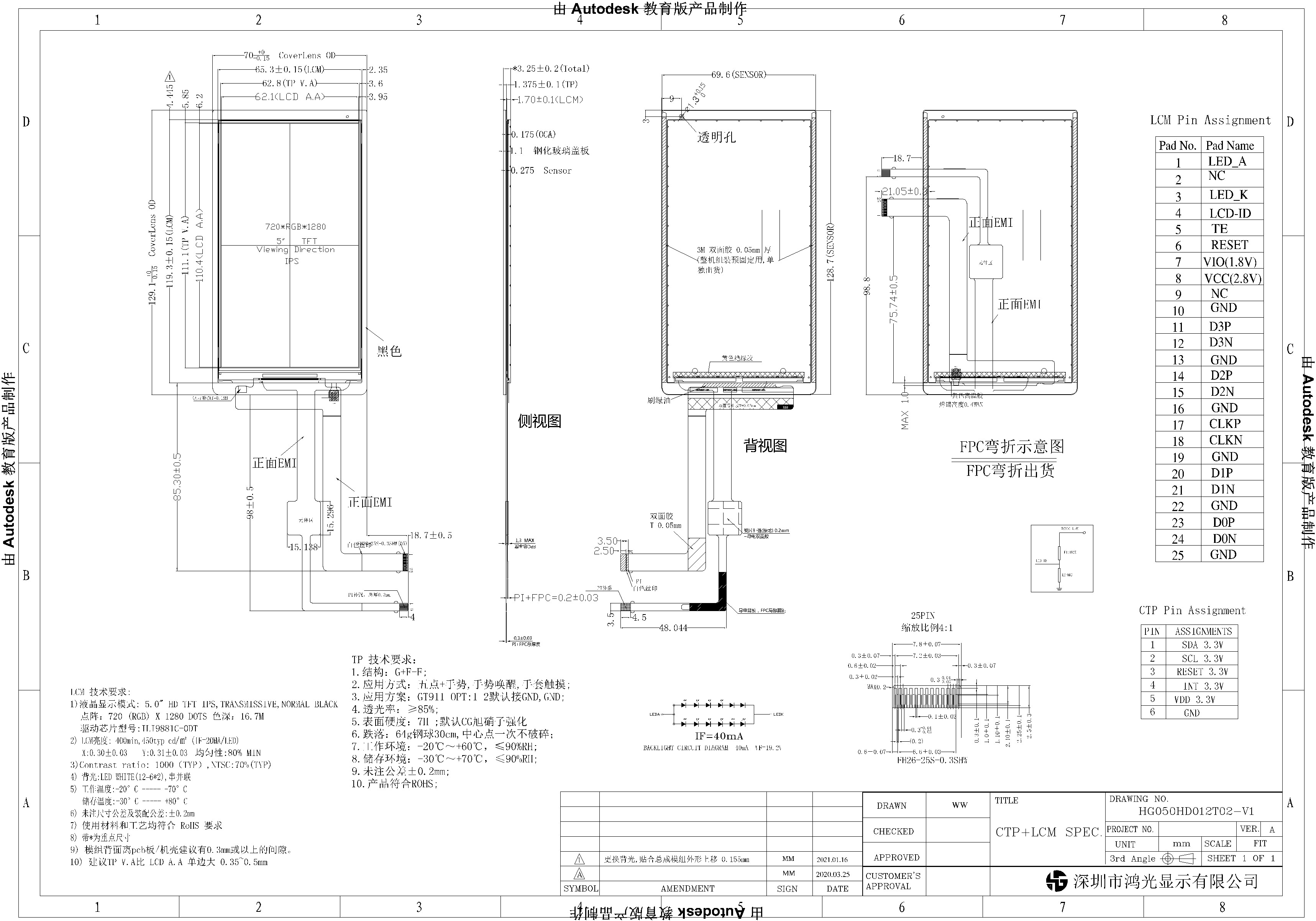 IPS 720x1280 Portable TFT Clear Display 5.0 Inch MIPI Interface
