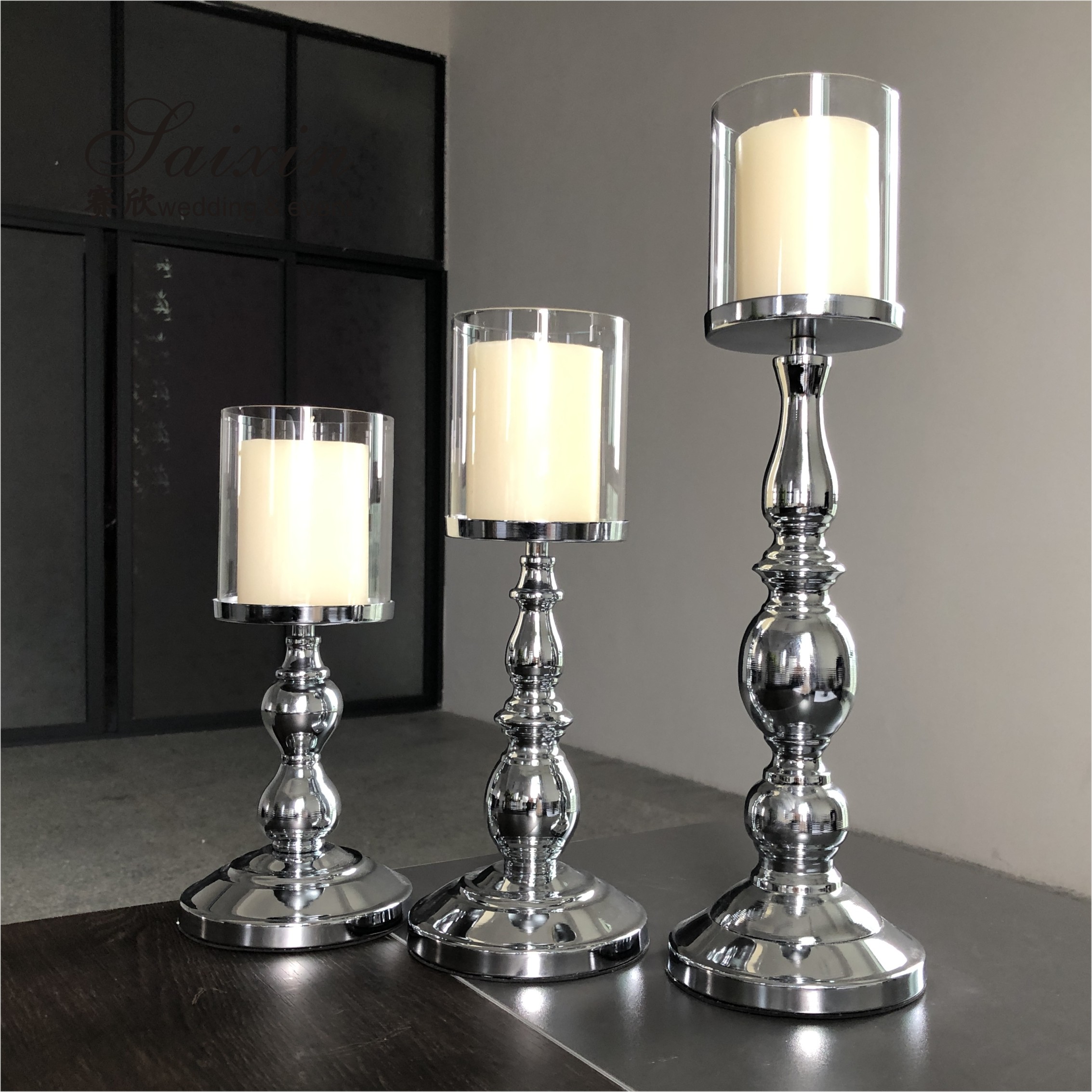 Three Piece Golden Tall Metal Candle Holders Set Candlesticks Small 45CM