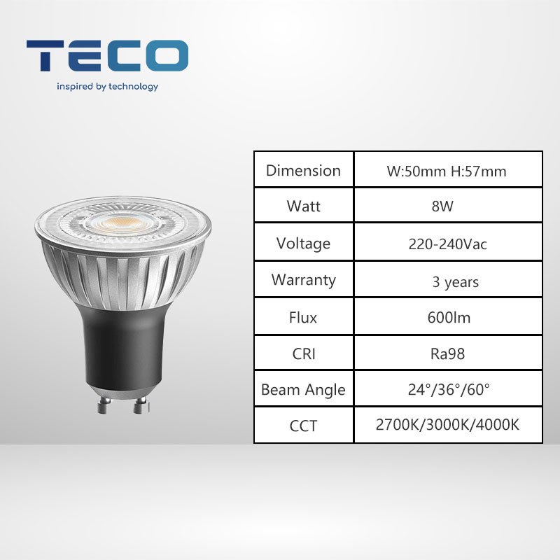Teco Dimmable GU10 LED Bulbs 230V 4000K 600lm 36 Degree RA98 8w LED Spotligt Bulbs