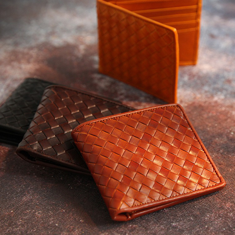Woven Cowhide Leather Retro Handmade Short Wallet with Open Closure Package Weight 0.1kg