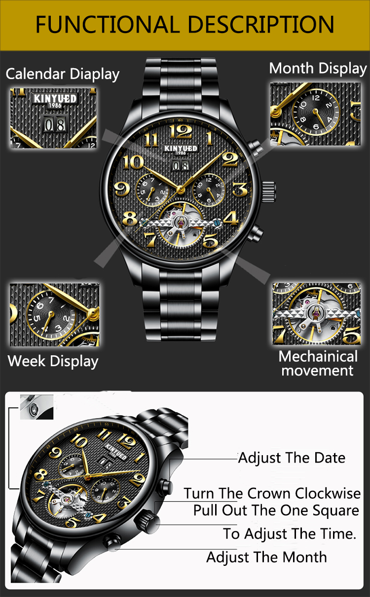 Automatic mechanical KINYUED watch fashion stainless steel mens waterproof automatic mechanical watch