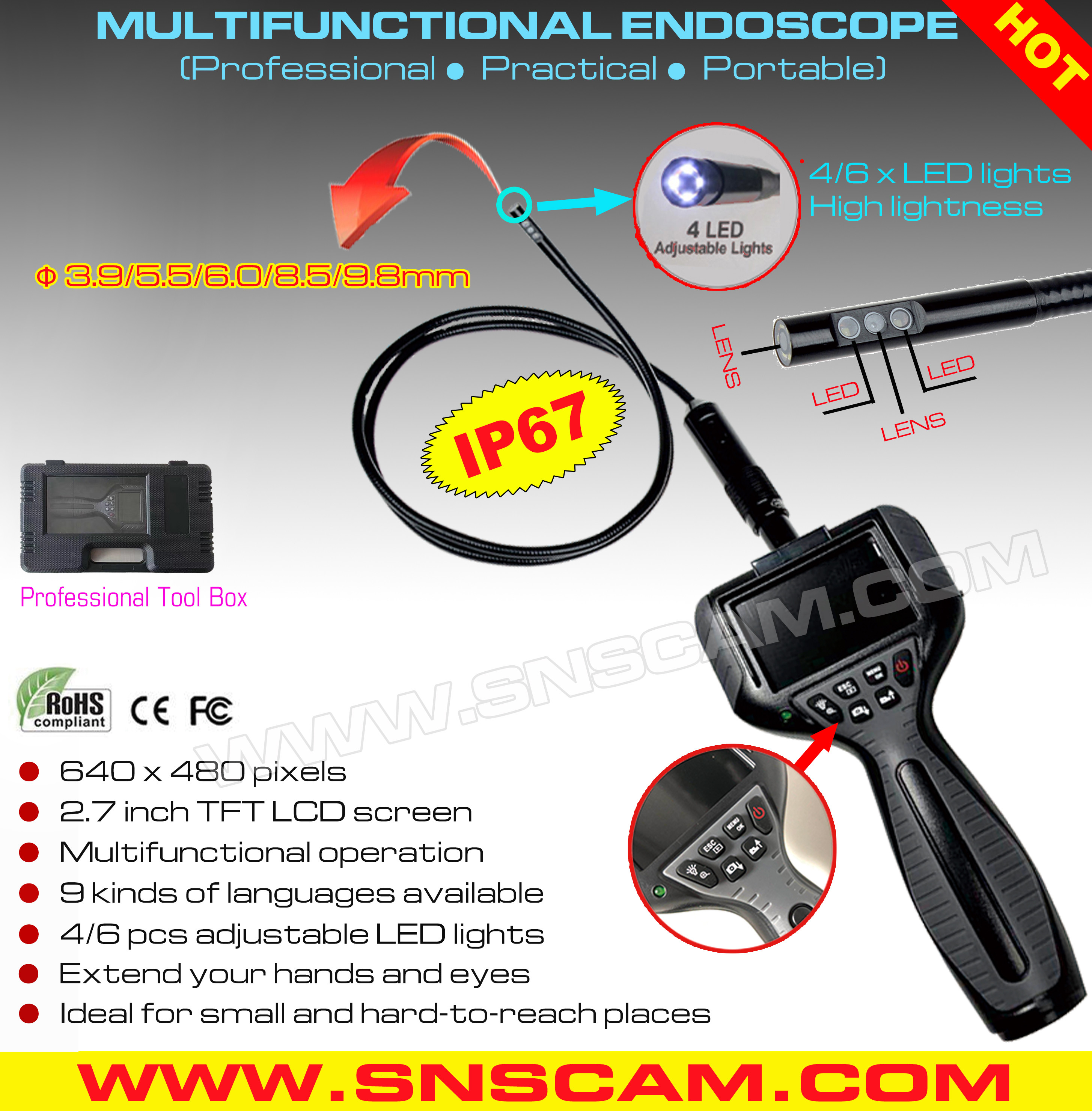 SNS-99D6 Multifunctional Endoscope Camera with 2.7 inch TFT LCD screen