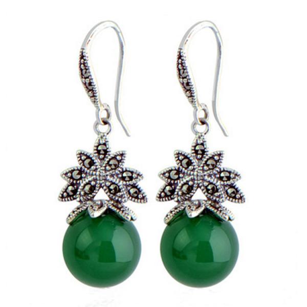 Sterling Silver Green Agate Bead Dangle Hoop Earrings Thai Vintage Jewellery