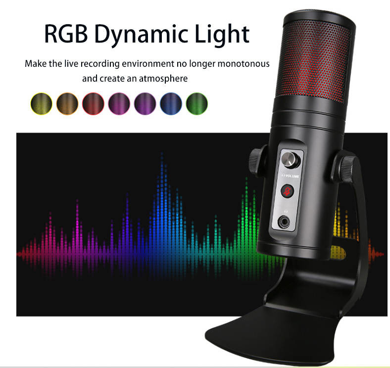 Condenser USB recording microphone Built-In Headphone Jack RGB Indicator