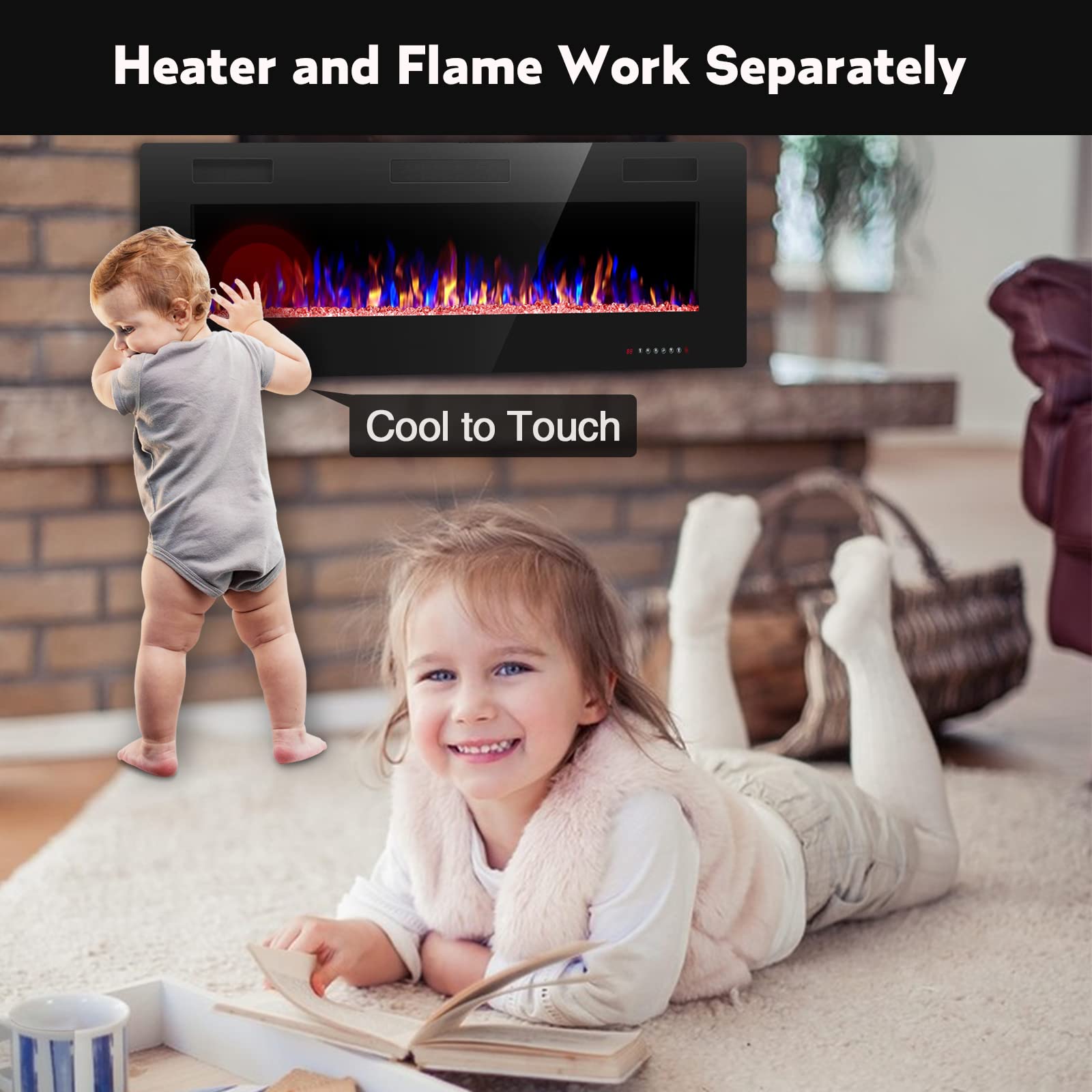 12 Bed Color Mode AJUNION 60 Inch Wall Mounted Silk Screen Printing Electric Fireplace