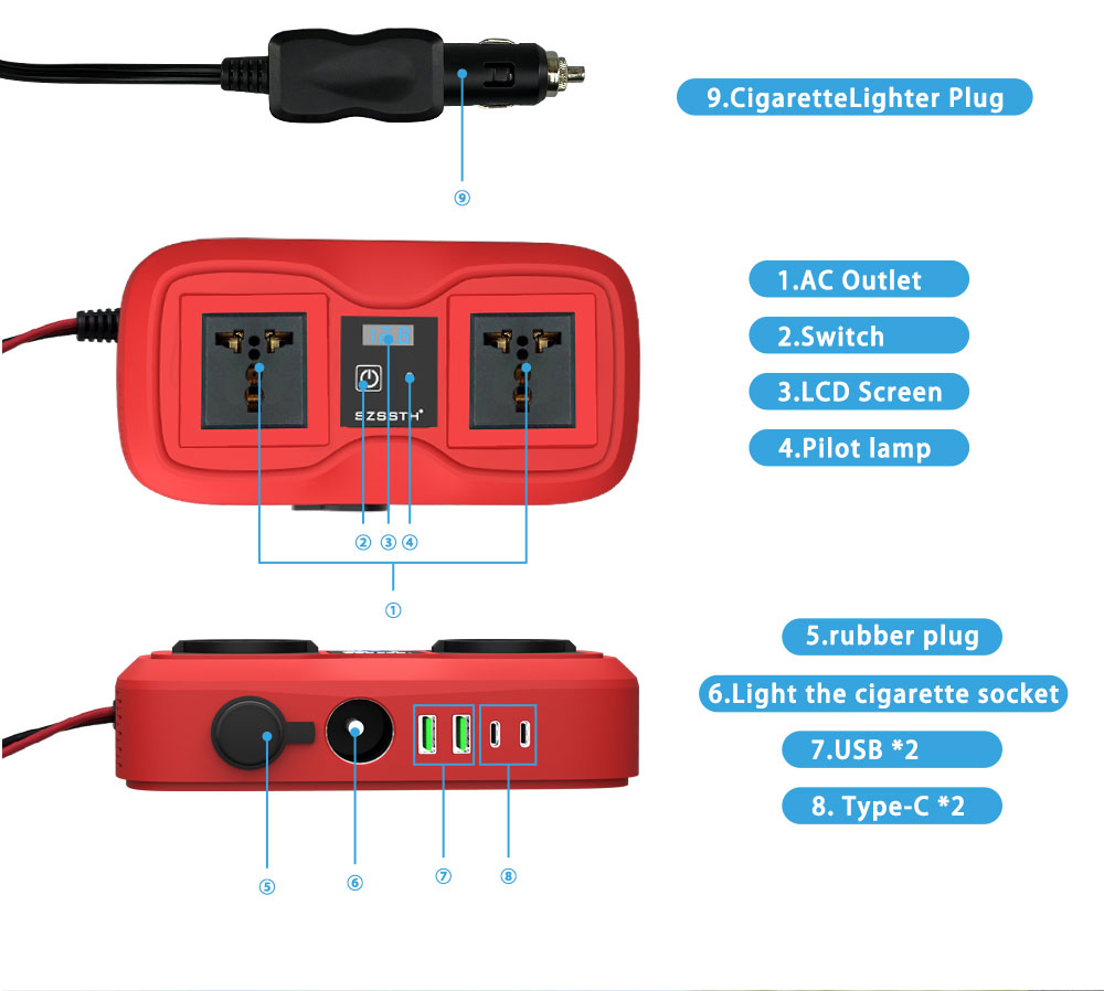 Customized Support SZSSTH Universal Socket Portable 12V 220V 2 AC Outlets 2USB 200W GaN PD Fast Charger Car Power Inverter