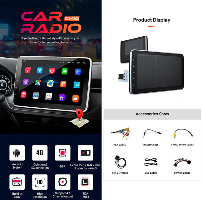 1280x720 Single Din Android Radio Retractable 10 Inch Touch Screen Android Car Radio