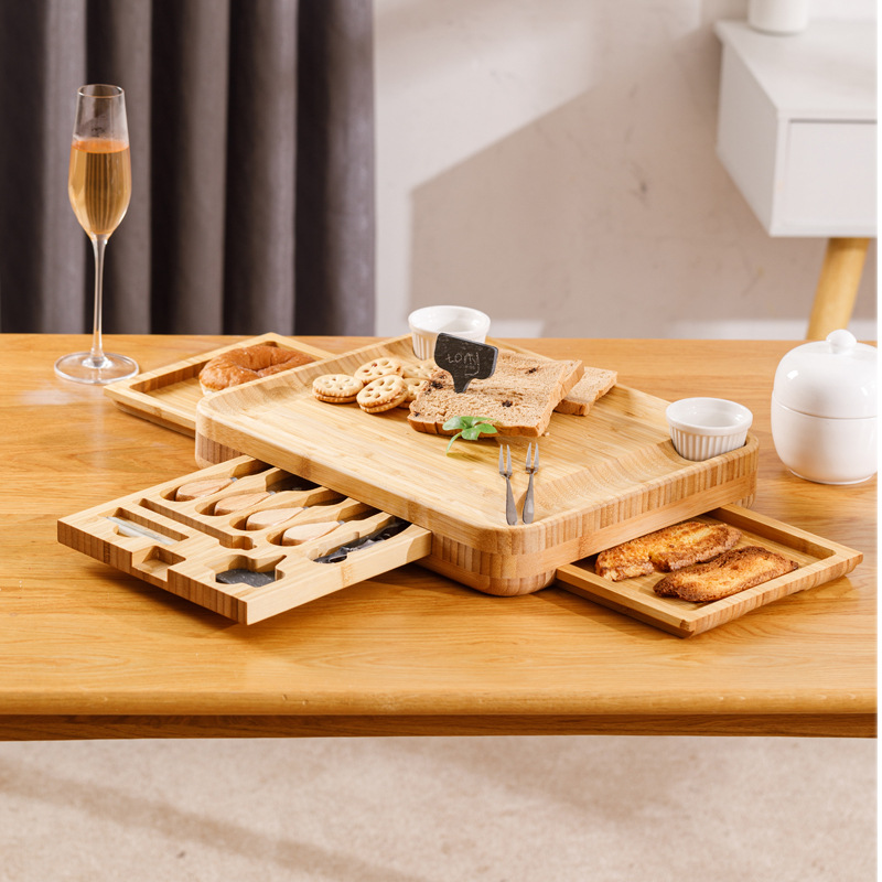Customized Logo Acceptable Bamboo Charcuterie Cheese Board With Hidden Knife Set 39x33x5cm