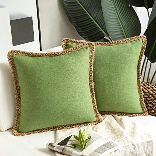 Phantoscope Pack of 2 Farmhouse Decorative Throw Pillow Covers,Solid pattern for home Burlap Linen Trimmed Tailored