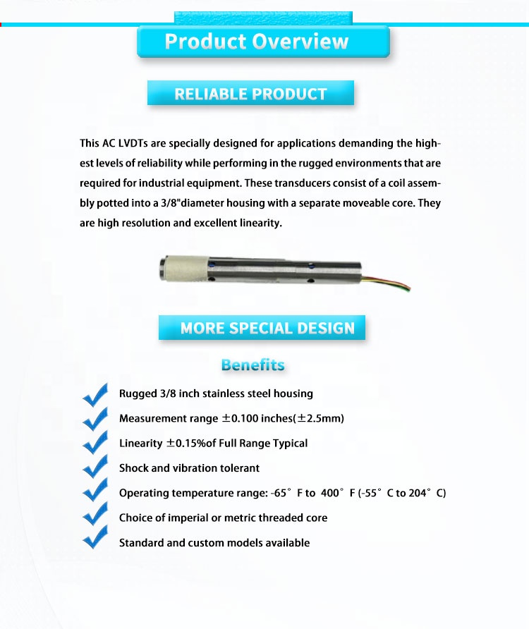 0.375 Inch Diameter UM-375-500 LVDT High Precision Micro Linear Displacement Sensor