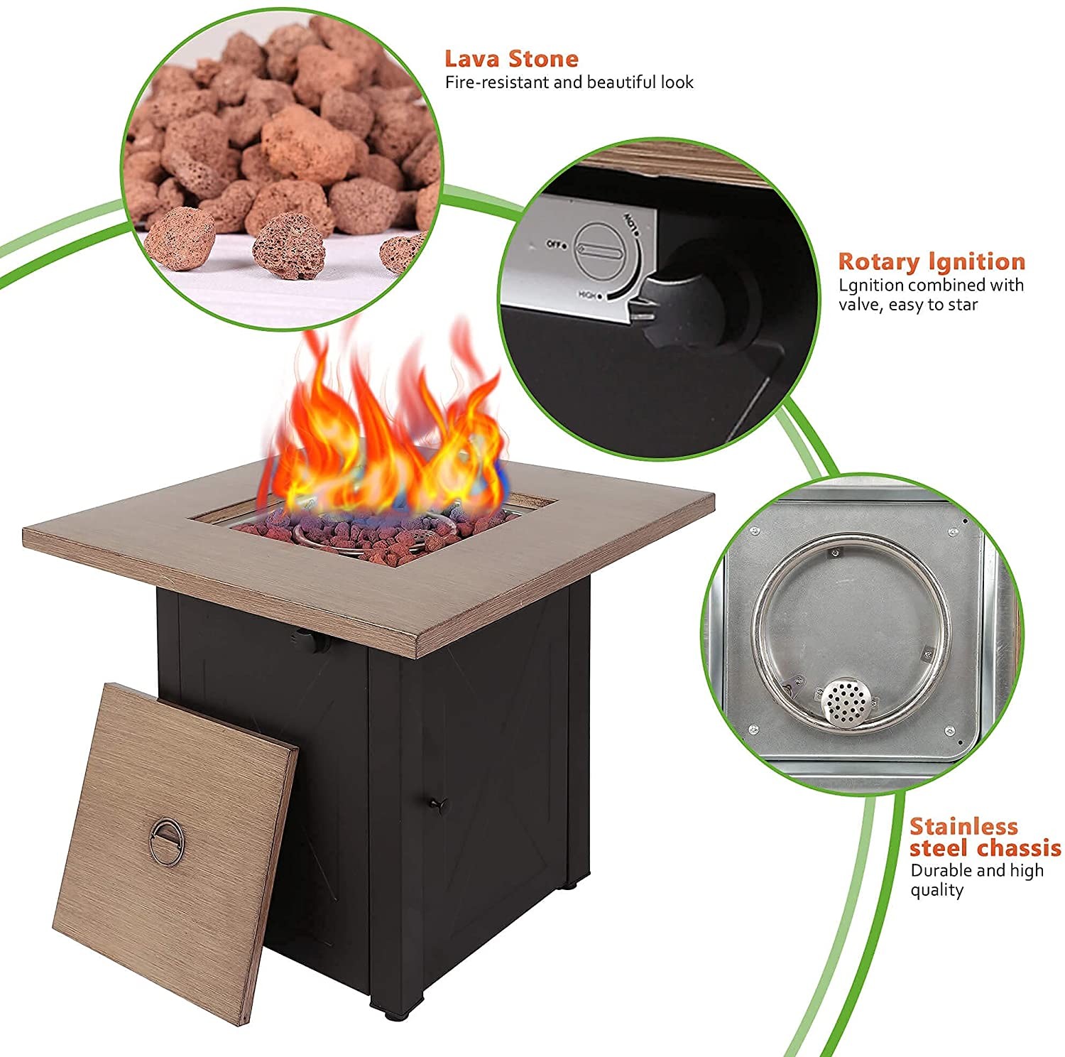 28 Inch 50000 BTU Propane Brazier Square Gas Fire Pit Table With Cover