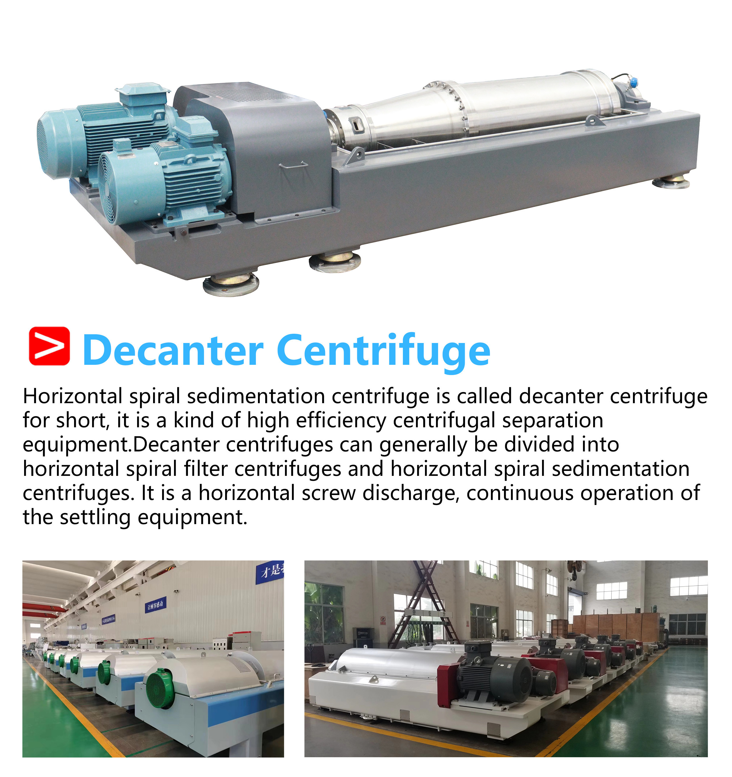 Decanter centrifuge with horizontal bowl for continuous solid-liquid separation in large-scale industrial applications