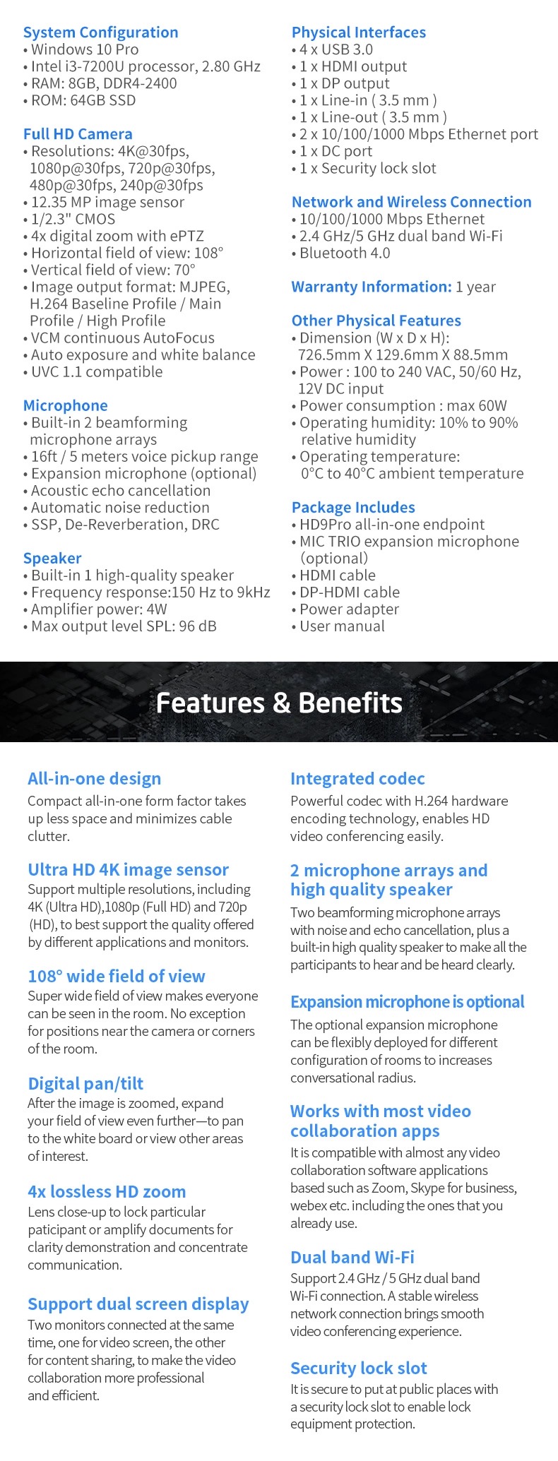 4K HD camera all in one design Windows video and audio conferencing system wirless sharing