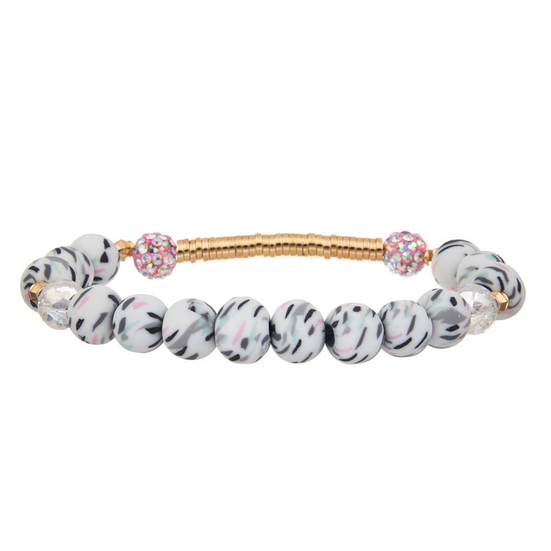 Zebra Stripe Silica Beads Gold Metal Bar Handmade Stretchy Bracelet Set Mulit Color