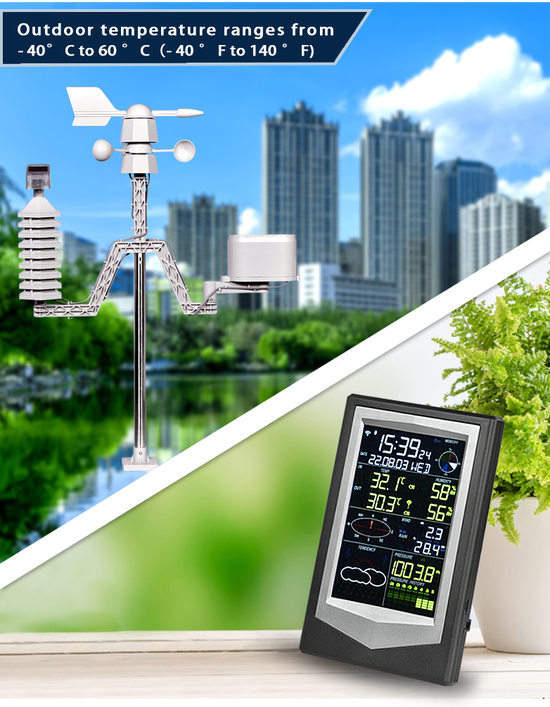 Digital Weather Station With Wireless Outdoor Sensor Black And Silver Wind Speed Range 0-50m/S
