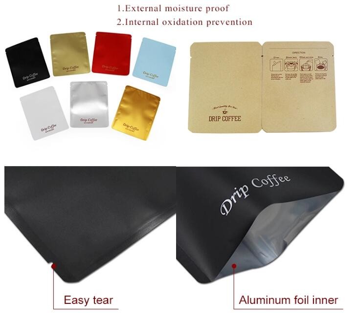 Accept Custom logo and printing Aluminum Foil Small Coffee Pouch 3 Side Sealed Drip Coffee Bag