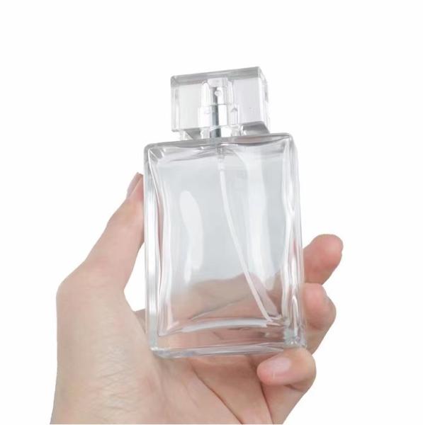 Quality 100ml Transparent Square Glass Perfume Bottle Pump Sprayer for sale