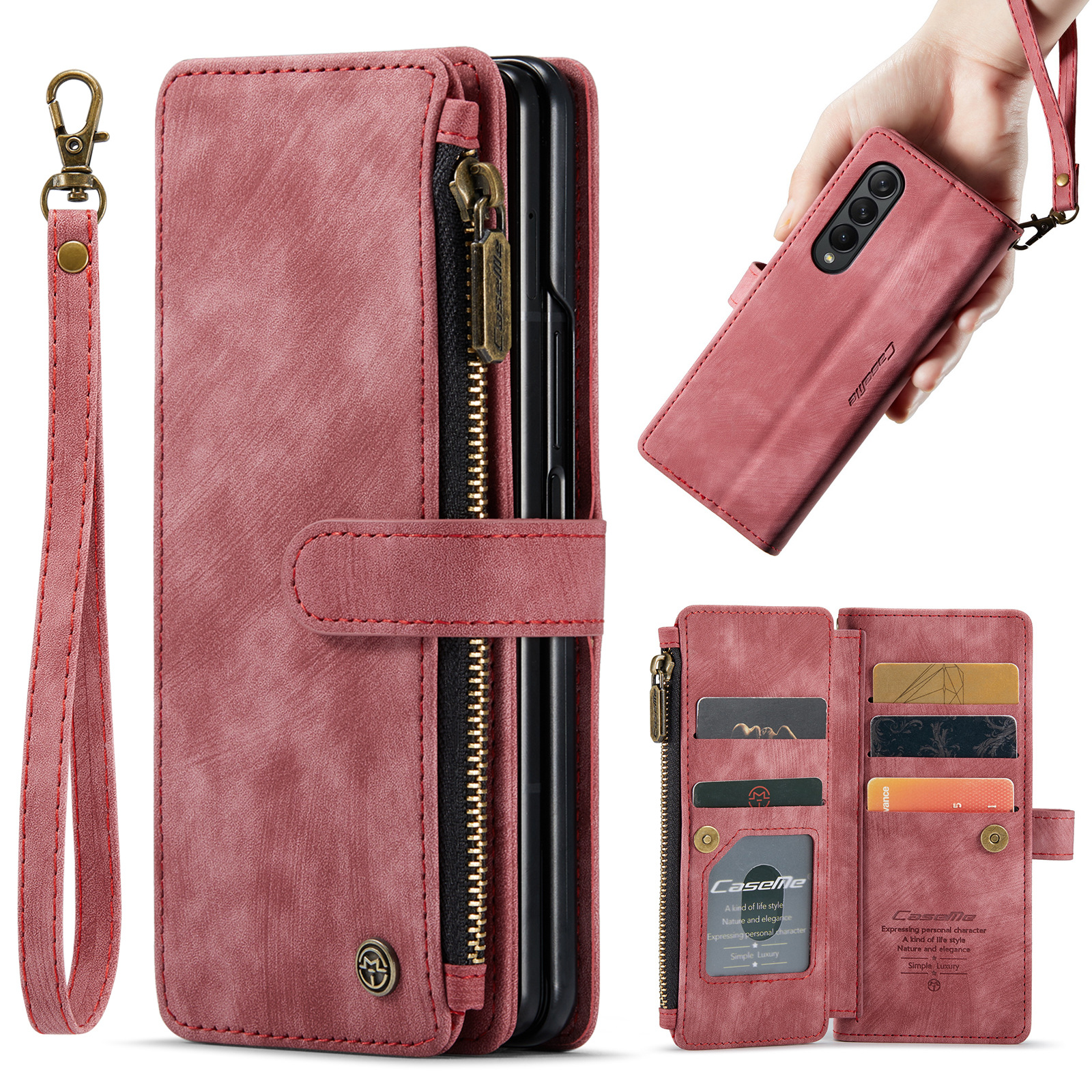 Vintage Card Wallet Phone Case For IPhone 14 Pro Max And Samsung Z Fold 5 In Red Leather