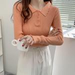 Lapel Button Women Knit Sweater , Long Sleeve Knit Sweater