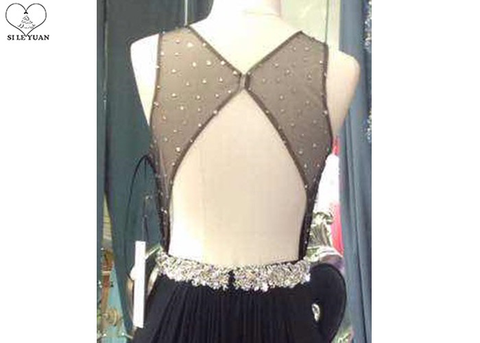 Special Pleated A Line Ball Gown , Beading Belt Sleeveless Sexy Black Prom Dress