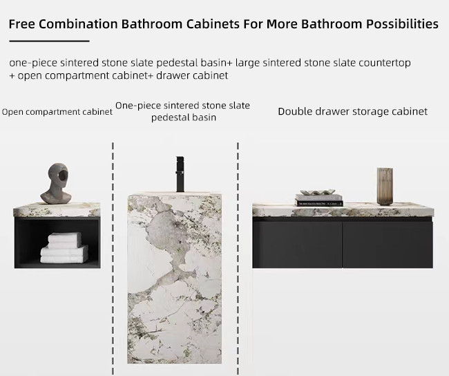 Solid Wood Bathroom Vanity Cabinet Set One Piece Sintered Slate Stone Slab ODM