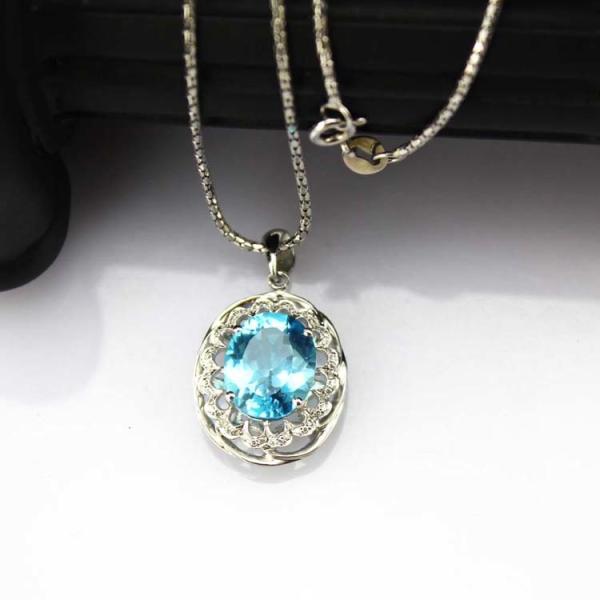 Women Jewelry 9mmx11mm Blue Topaz CZ Diamonds Sterling Silver Pendant Necklace (PSJ0199)