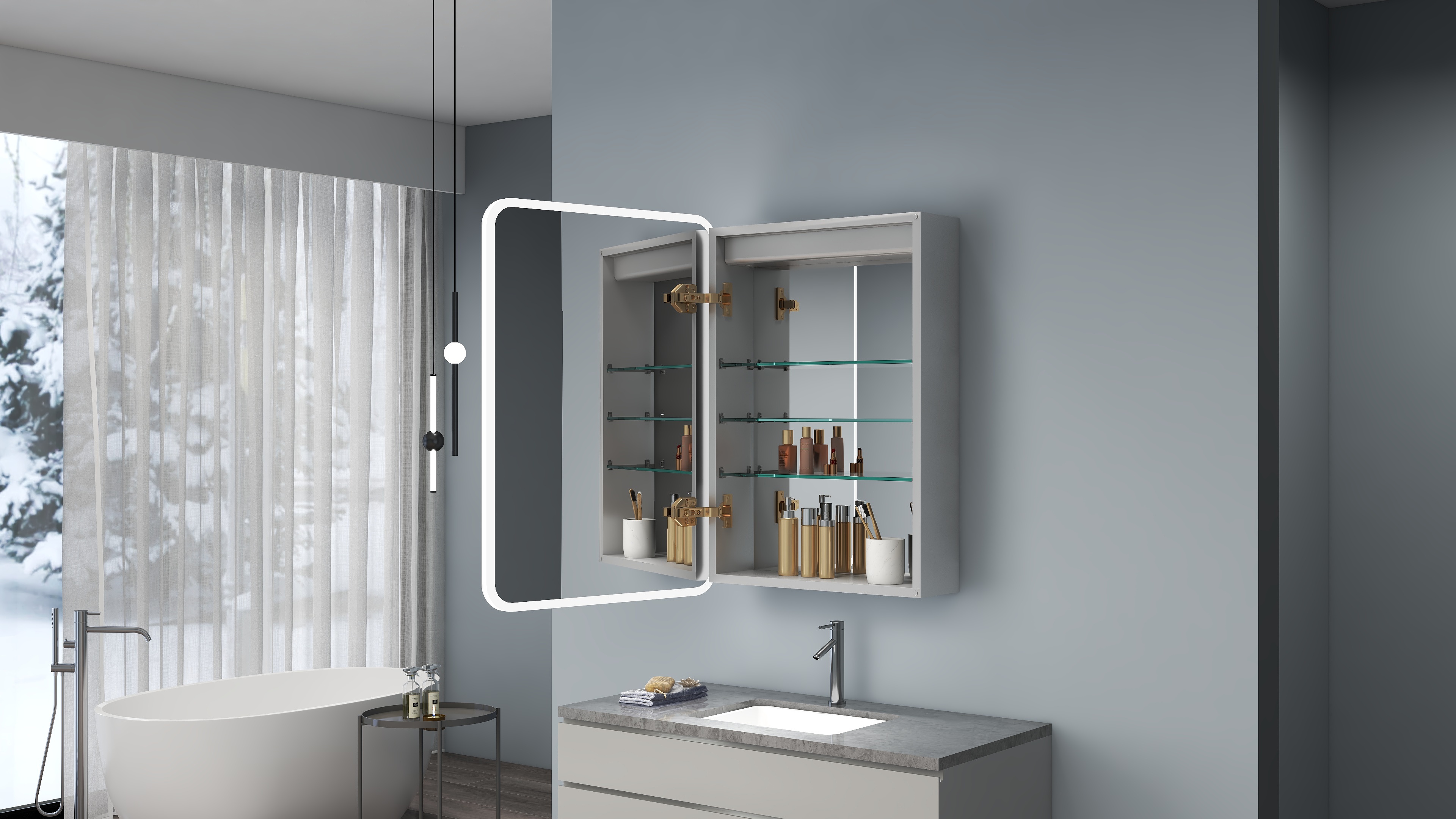 Wall Mounted Led Medicine Cabinet Anti Fog Lighted Vanity Mirror With Storage Customized