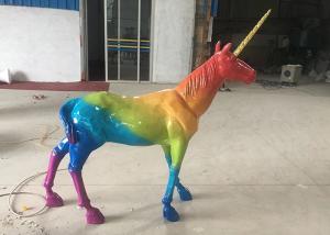 China Artificial Rainbow Unicorn Fiberglass Animal Statues Gold Horn Holiday Decoration wholesale