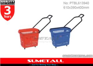 China Red / Blue 45 Litres Rolling Plastic Shopping Basket With Wheels For Supermarket wholesale
