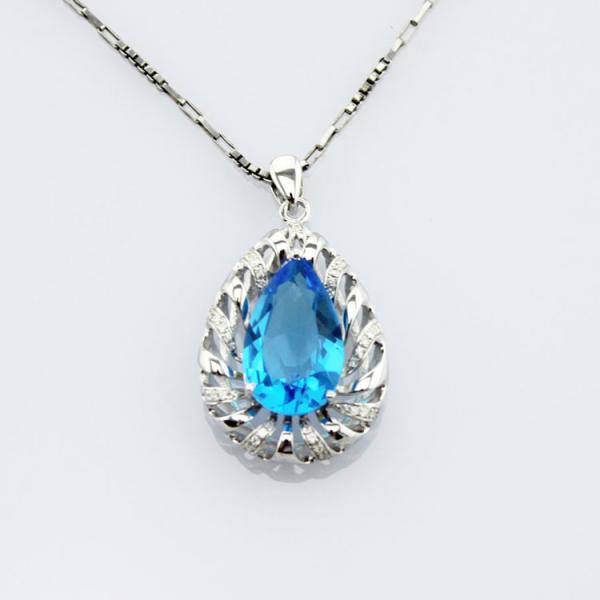 White Gold Plated 925 Silver Teardrop Blue Topaz Cubic Zirconia Pendant Necklace(P46)