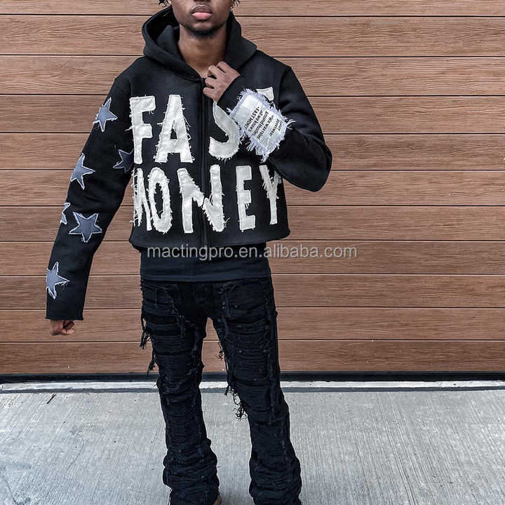 Custom Distressed Patch Embroidery Vintage Applique Men's Cropped Stone Acid Washed Hoodie