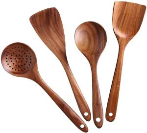 China 4pcs set eco-friendly Natural Teak Kitchen Wooden Utensils customized logo and packaging wholesale