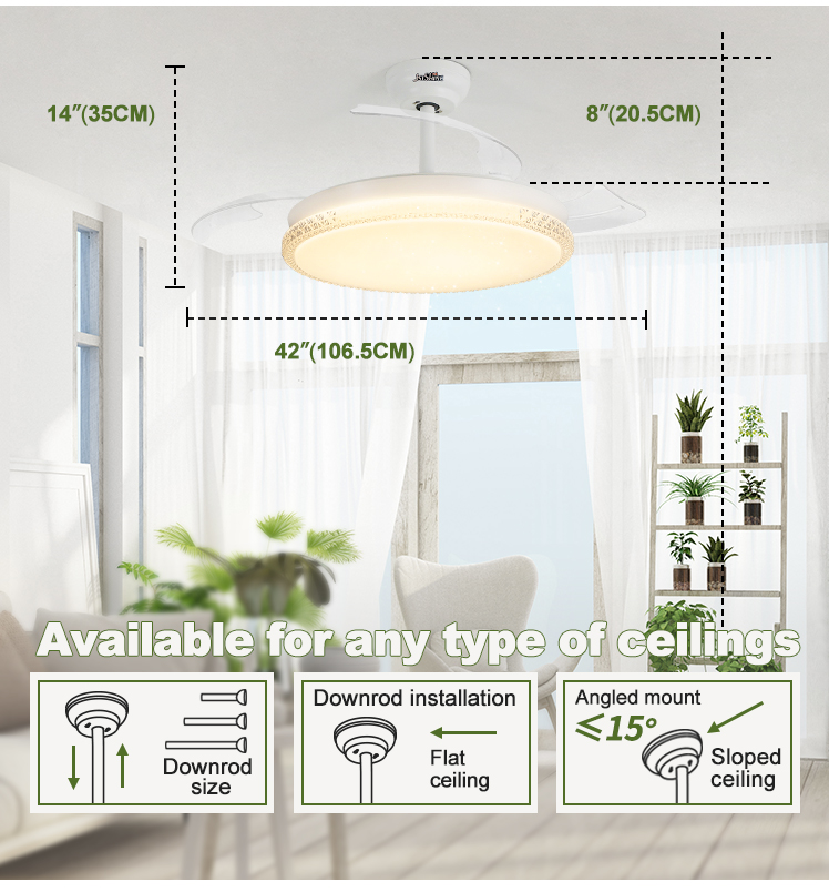 2- White Folding Blades Design LED Ceiling Fan with BLDC Motor and Retractable Blades