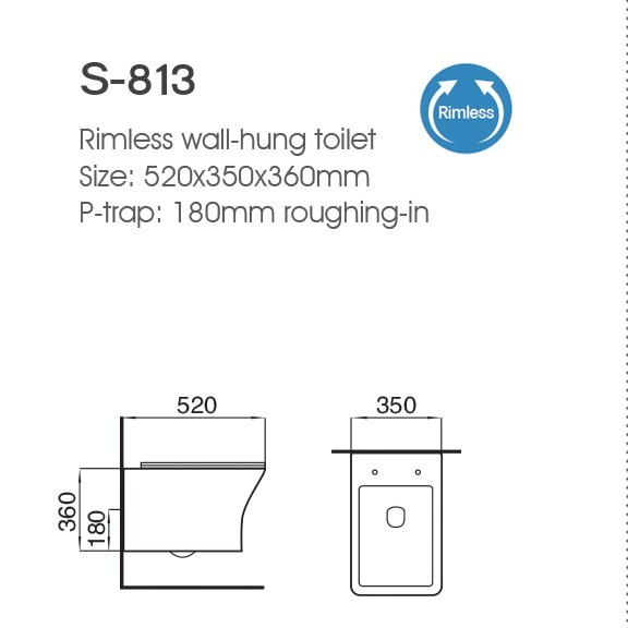 ALLWELL Rimless Wall Hung Toilet Rimless P Trap Ceramic WC in Wall Suspended Toilet