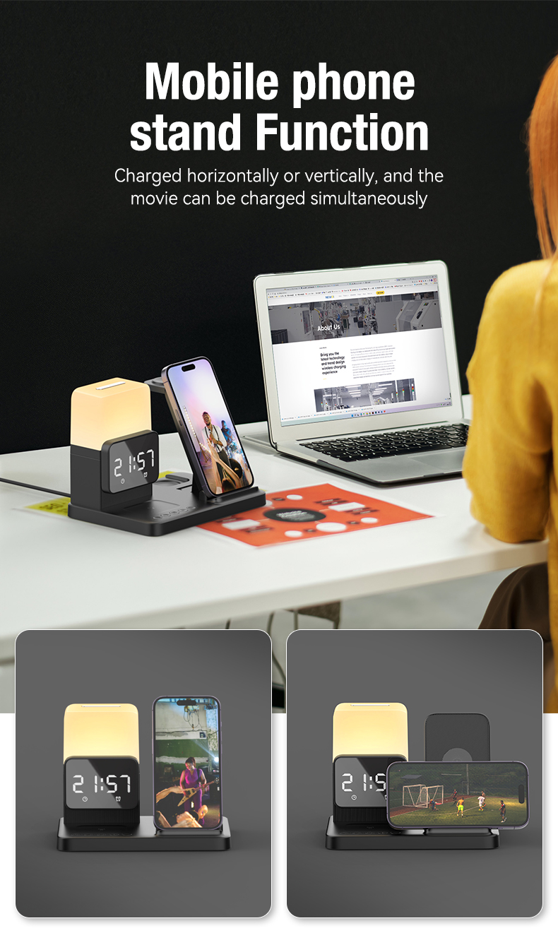 6 In 1 Wireless Fast Charger with Alarm Clock , 15W Mobile Phone Wireless Charger